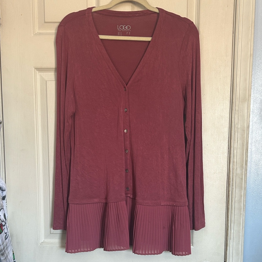 LOGO by Lori Goldstein Dusty Rose Button-Front Peplum Cardigan